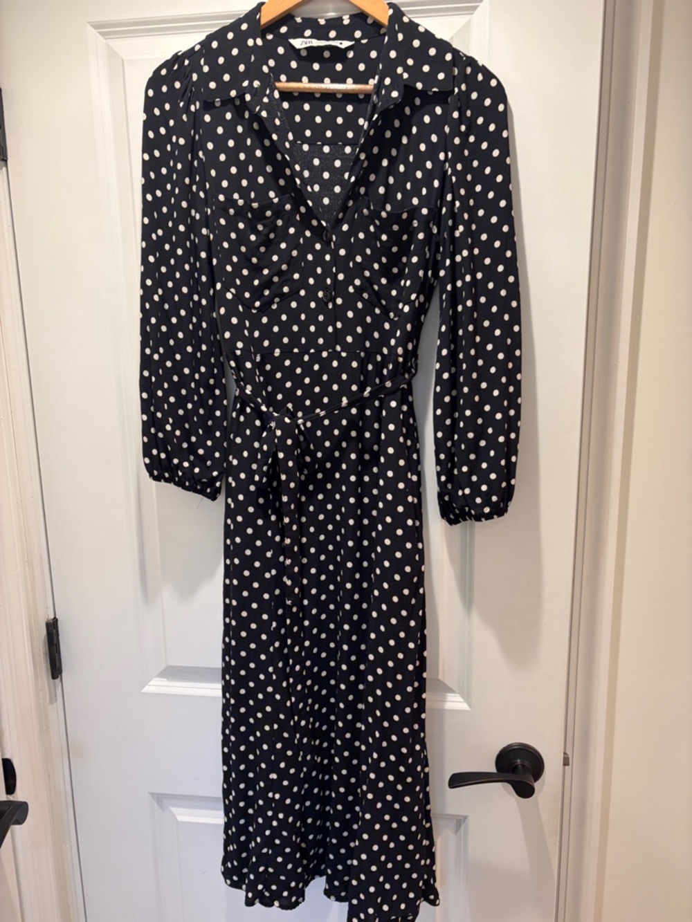 Zara Black Polka Dot Long Sleeve Midi Dress